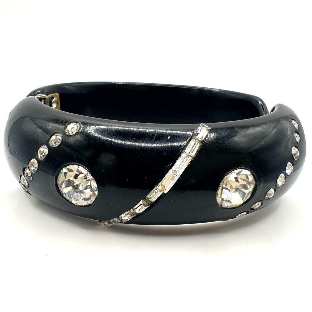 1940s vintage black lucite clear glass rhinestones clamper cuff bangle bracelet